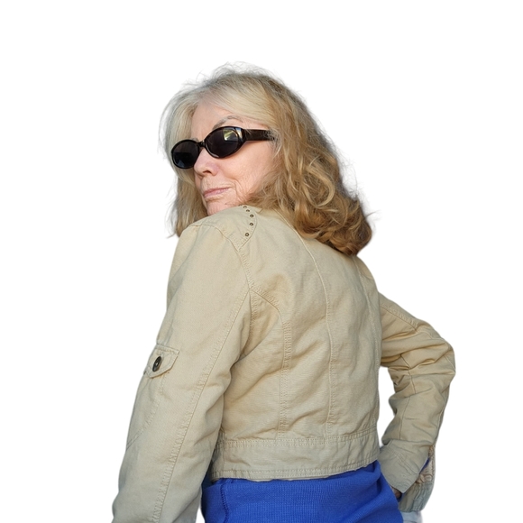 Women's Nina Rossi Metal Studded Cropped Medium-weight Lined Khaki Jean Jacket L - Picture 4 of 7